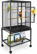 54-Inch Bird Cage with Horizontal Wire Design, Wrought Iron Bird Flight Cage with Rolling Stand, and Slide-Out Tray Suit
