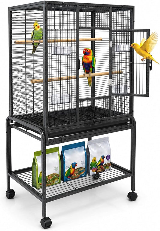 54-Inch Bird Cage with Horizontal Wire Design, Wrought Iron Bird Flight Cage with Rolling Stand, and Slide-Out Tray Suit