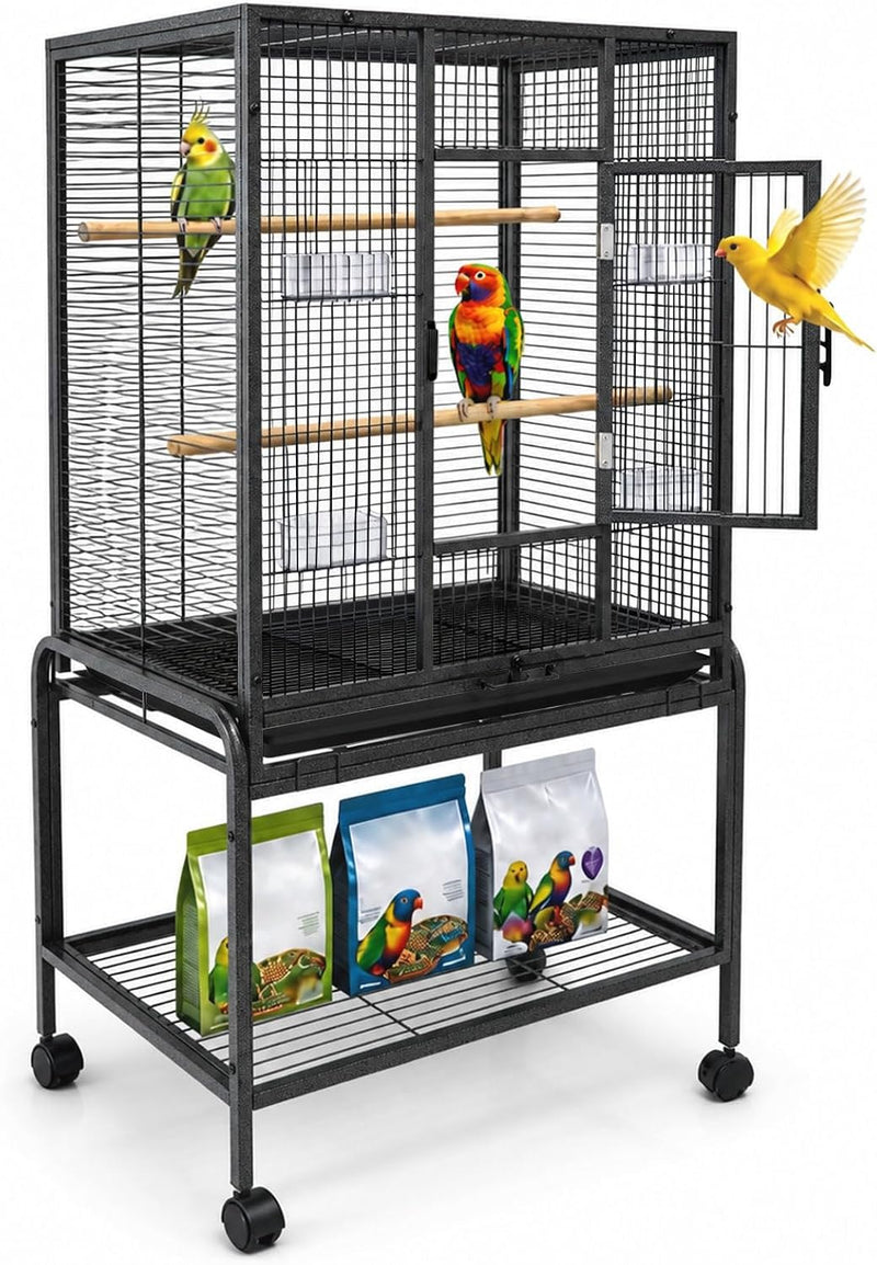 54-Inch Bird Cage with Horizontal Wire Design, Wrought Iron Bird Flight Cage with Rolling Stand, and Slide-Out Tray Suit