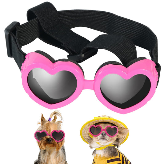 IKUSO Small Breed Dog Sunglasses, UV Protection with Adjustable Strap, Heart-Shaped Goggles for Waterproof, Windproof, Anti-Fog Eye Protection, Beach Accessories (Pink)