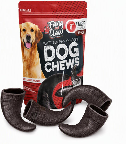 Fang and Claw 4 Pack Water Buffalo Horns for Dogs, Large 8 Inch - Natural Antler & Rawhide Bone Alternative for Aggressive Chewers, Long Lasting Single-Source Grass-Fed Dog Chew