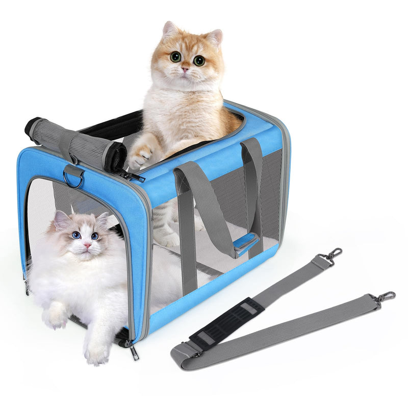 Cat Carrier for Large Cats up to 20 Lbs,Soft-Sided Pet Carrier for Large and Medium Cats, Small Dogs,Puppies,Collapsible Dog Carrier Travel Bag with 2 Storage Bags,4 Mesh Windows (Blue, Medium)
