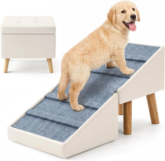 Kunffiyso Dog Ramp for Small Dogs, 15.7" H 3-in-1 18.5" Extra Wide Foldable Ottoman & Hidden Storage Design Dog Stairs for Couch Sofa, Non-Slip Pet Steps for Puppy Senior Injured Dogs (White)
