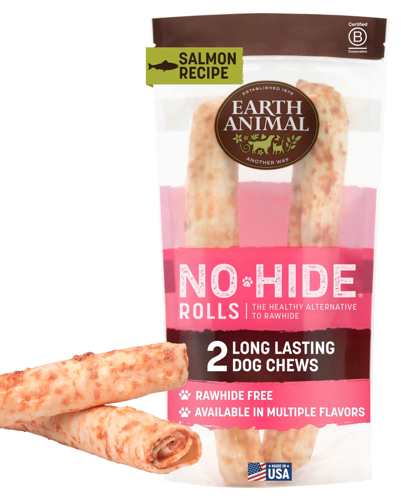 Earth Animal No Hide Chews - Long Lasting Rawhide Free Large Dog Chews Rolls, Salmon - 2 Count
