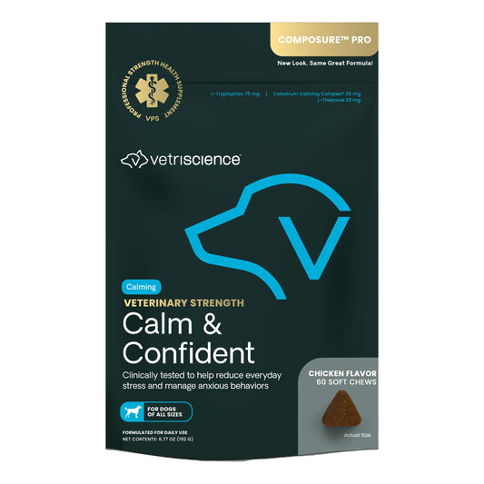 VetriScience Veterinary Strength Calm & Confident Chews - Stress Supplement for Pets - Supports Brain Function for Cats & Dogs - with L-Theanine, Thiamine & More - 60 Count