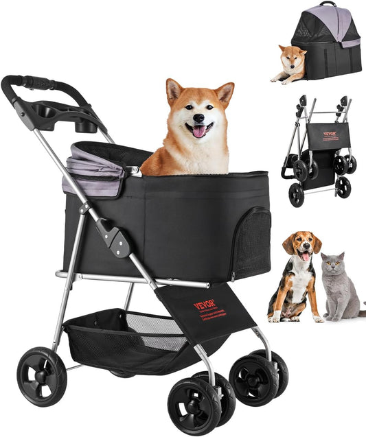 VEVOR Pet Stroller, 35 lbs Weight Capacity, Foldable Dog Stroller Cart, 4 Wheels Cats Strollers with with Detachable Car