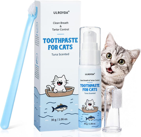 ulroyda Cat Dental Care Kit – Tuna Flavor Toothpaste 1.06 oz with Toothbrush & Finger Brush | Gentle Formula, Fresh Breath & Plaque Control