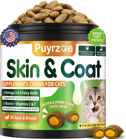 Puyrzoe Cat Skin and Coat Health - 500 Chews Crunchy & Creamy Cheese Core with Omega 3/6/9, Vitamins C & E, Biotin for Skin Hydration & Coat Shine Supplement for Cats Kittens - Chicken & Shrimp Flavor