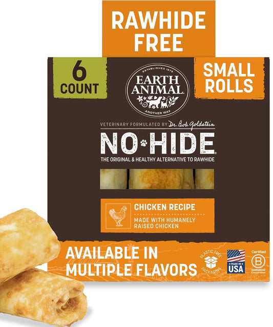 Earth Animal No Hide Chews - Long Lasting Rawhide Free Small Dog Chews Rolls, Chicken - 6 Count