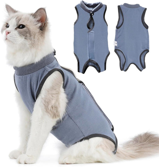 kzrfojy Cat Surgery Recovery Suit Cat Onesie for Cats After Surgery Spay Surgical Abdominal Wound Skin Diseases E-Collar Alternative Wear (Grey-Blue-L)