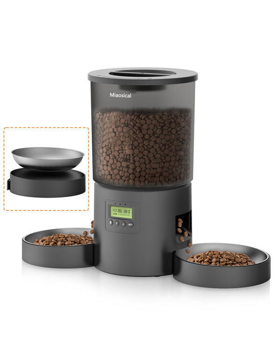 Automatic Cat Feeder 2 Cats, 4.2L Dry Food Auto Dispenser with Double Bowls,Dual Power Supply,Programmable Portion Control,10s Voice Recorder(Black,Stainless Steel Bowls) (Transparent+Black)