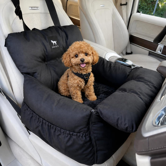 JACKO & CO Premium Dog Car Seat – Safe & Cozy Travel Bed Carrier for Small Dogs, Puppies, Cats, Pets, Clip-On Leash, Storage Pockets, Water-Resistant, Machine Wash (Black, Removable - Small (1-25lbs)