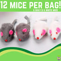 Smokey's Stash Rabbit Fur Mouse Cat Toy 12 per Pack White and Gray Fuzzy Toys for Cats with Rattle Realistic Fake mice