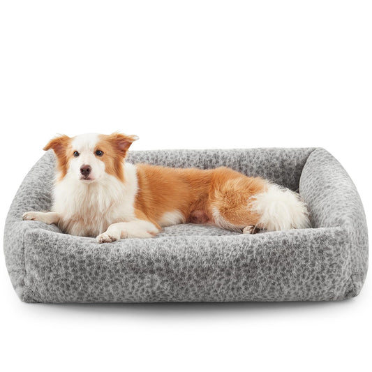 JOEJOY Dog Bed Medium Size Dog, Removable Washable Cover Orthopedic Soft Pet Bed, Anti-Slip Fluffy Plush Faux Rabbit Fur Puppy Bed, 30"x24"x8", Leopard Print, Grey