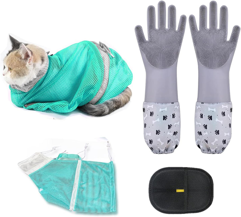 Pet Grooming Long Sleeve Washing Gloves feature silicone grooves design, ideal for both cats and dogs. This set includes