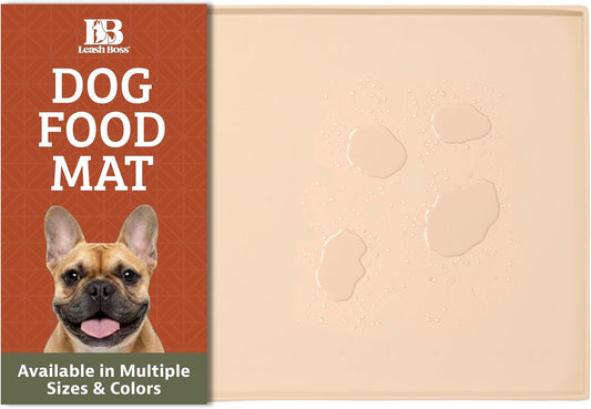 Leash Boss Dog Food Mat - Waterproof Cat & Dog Bowl Mat for Food and Water, Silicone Pet Feeding Mats for Floors, Non-Slip Placemat with High Edges, Puppy Essentials (ML: 20"x13", Beige)