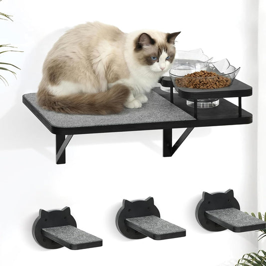 Cat Wall Shelves Furniture Set with 2 Food Bowls, Wooden Cat Climbing Wall Systems with Scratching Pad and 3 Steps, Floa