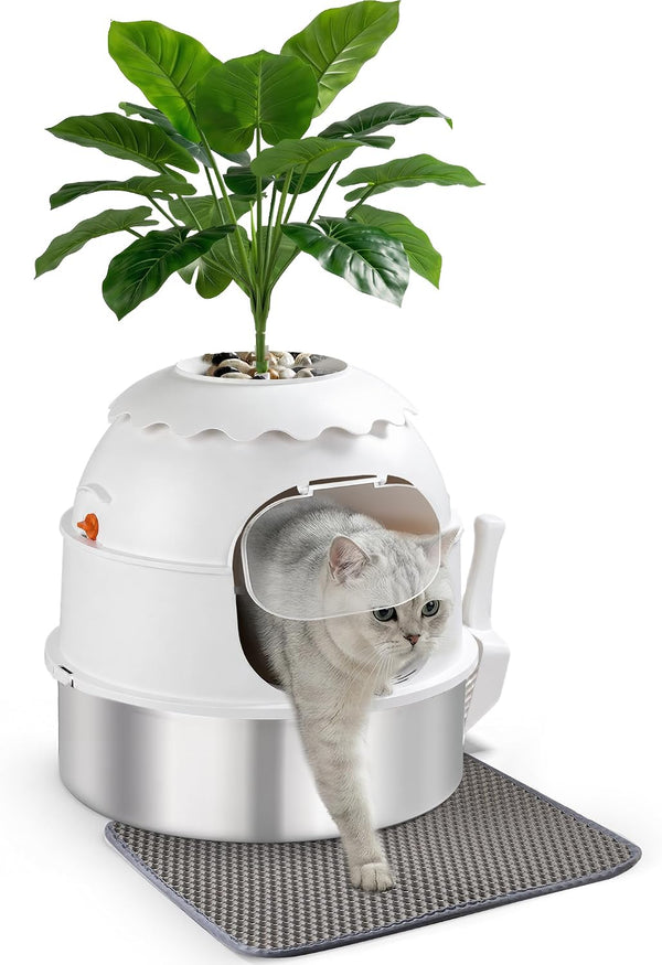 MuseMira Hidden Litter Box, Stainless Steel Litter Box with Faux Plant Decor, Litter Box Enclosure with Clear Front Door, Includes Scoop & Litter Mat, Odor Control, Easy to Clean (White)
