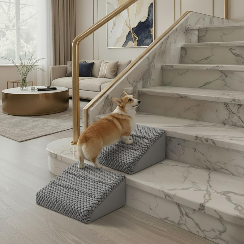 Dog Ramp for Stairs - Dog Steps-Anti-Slip Foam Stair Wedges for Small & Senior Dogs,Gentle Slope Pet Steps with Washable Corduroy Cover, Self-Sticky Pads for Safe Climbing (Gray,2-Pack)