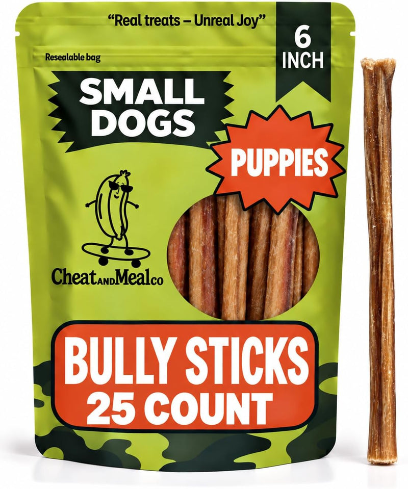 Thin Bully Sticks for Small Dogs, Puppies, 6 Inch, 25 Count, Teething Chew
