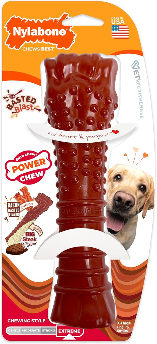 Nylabone Textured Bone Power Chew Toy for Dogs, Durable & Tough Dog Toys for Aggressive Chewers, Basted Blast Bacon and Steak Flavor, X-Large Dogs - 50+ lbs, 1 Count