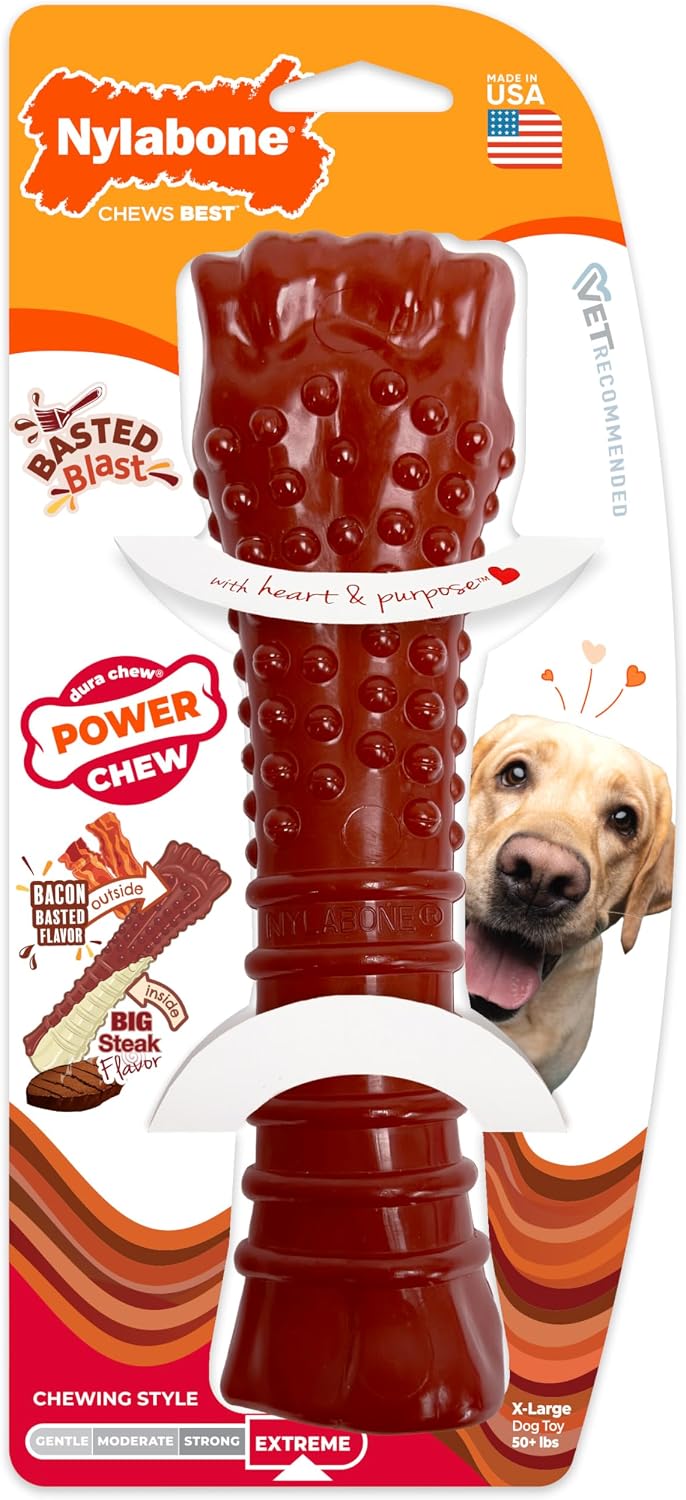 Nylabone Textured Bone Power Chew Toy for Dogs, Durable & Tough Dog Toys for Aggressive Chewers, Basted Blast Bacon and Steak Flavor, X-Large Dogs - 50+ lbs, 1 Count