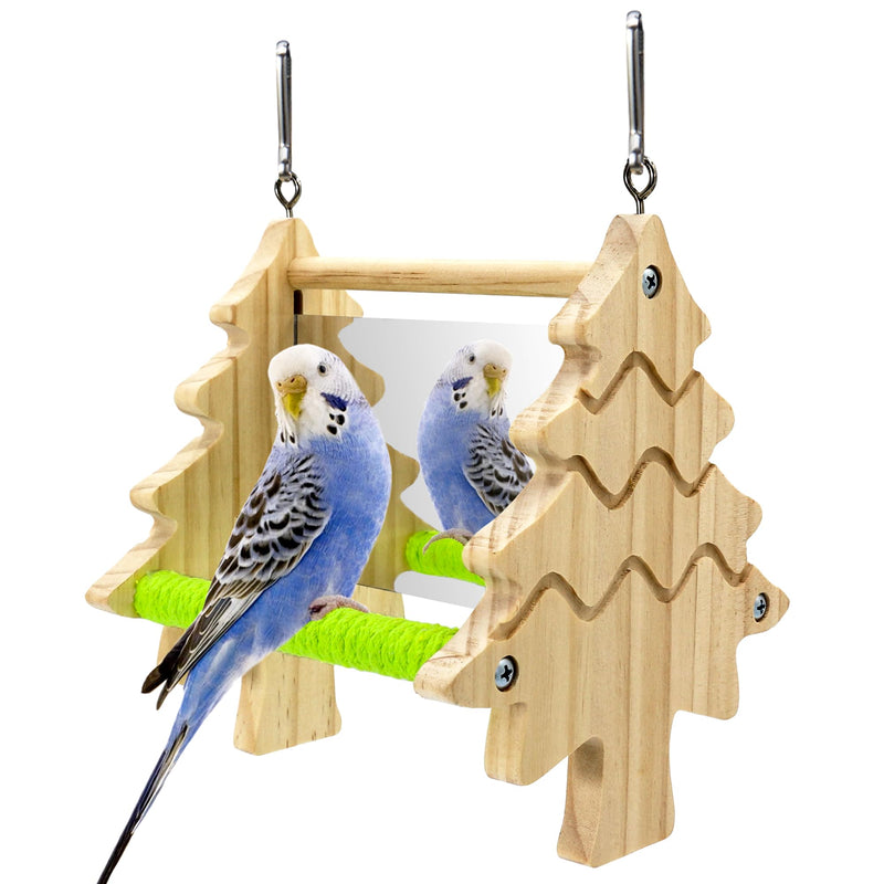 Bird Mirror Toy Perch, 2-Sided Hd Parakeet Mirrors & 2 Cotton-Wrapped Perches for Multiple Birds, Wooden Frame Hanging Parrot Swing for Cage, Safe No Sharp Edges Bird Toy for Budgie Lovebird Cockatiel