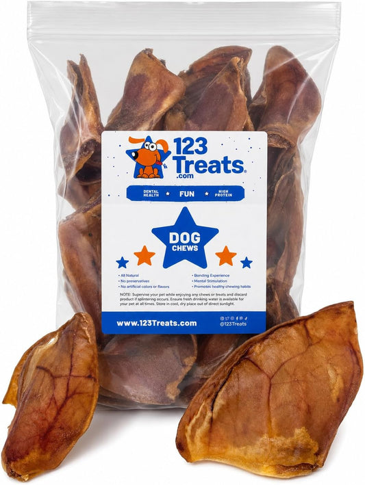 123 Treats Pig Ears for Dogs - (30 Count) 100% Natural, Long Lasting & Highly Digestible Chew Treats, Single Ingredient, Slow Baked, Great for Puppy, Large & Medium Dogs