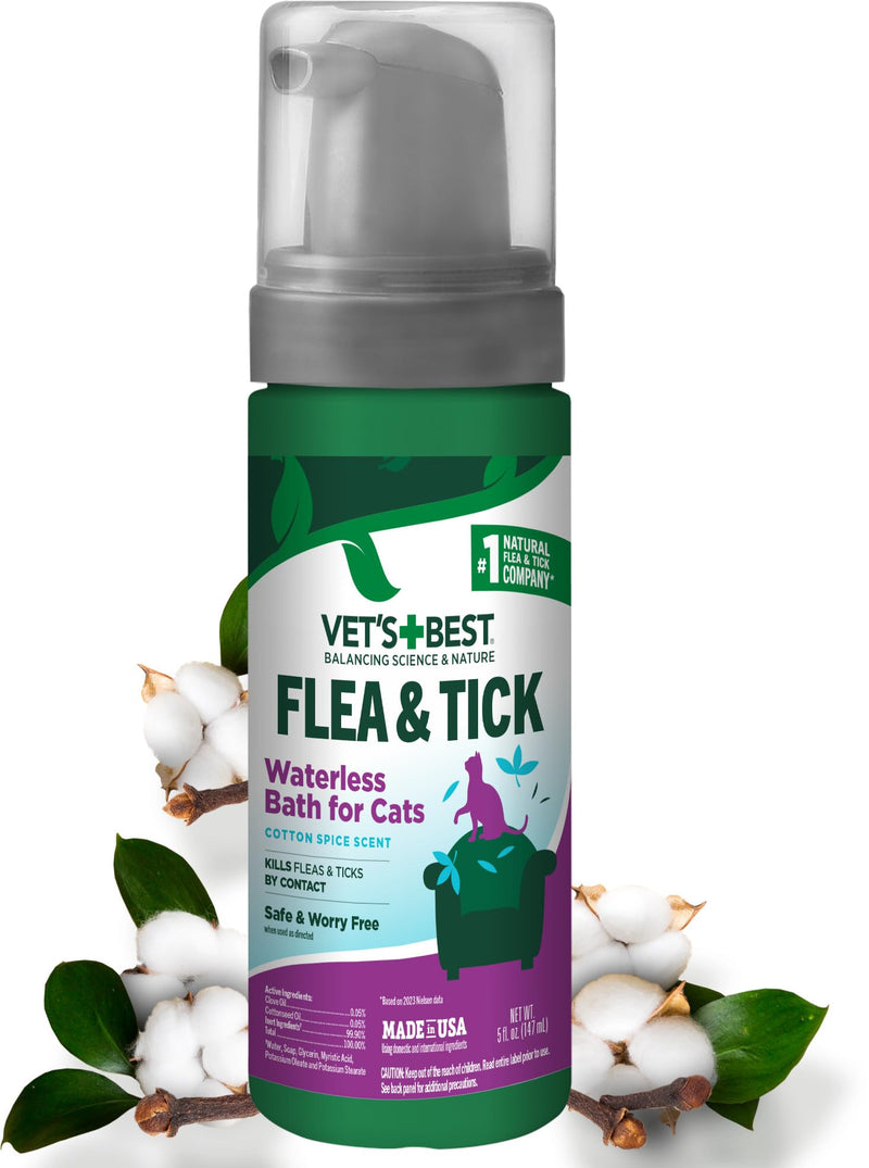 Vet's Best Natural Waterless Flea & Tick Bath for Cats – Natural No-Rinse Dry Shampoo with Plant-Based Ingredients – Flea and Tick Prevention and Control with Certified Essential Oils – 5 oz Bottle