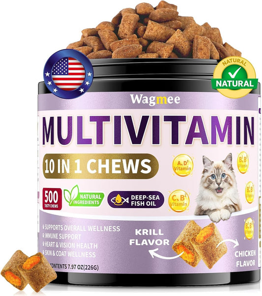 Taurine for Cats Vitamins Treats, 10 in 1 Cat Multivitamin with Fish Oil - 500 Crunchy & Creamy Chews Supports Energy, Bone, Joint, Skin & Coat Health, Digestion, Immunity for Cat All Breeds & Ages