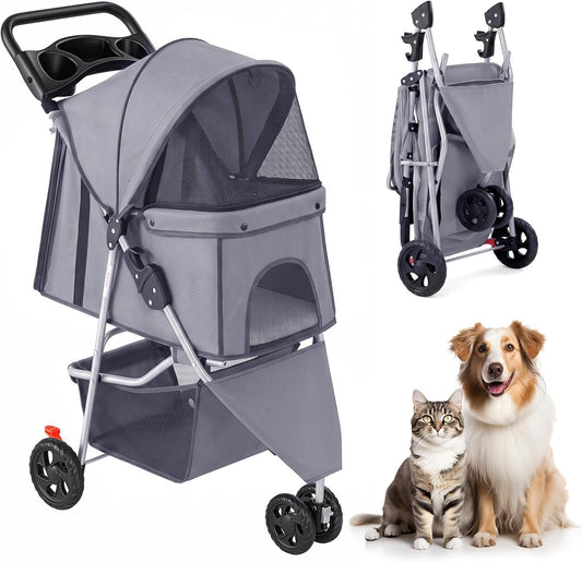 KMFurnila 3 Wheel Pet Stroller for Dogs and Cats, Foldable, Lightweight and Durable, Ideal for Small to Medium Pets, Includes Storage Basket and Cup Holders