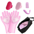 MIYIJHY 7-Piece Pet Grooming Kit with Storage Bag | Portable Bathing Set for Dogs & Cats | Includes Silicone Gloves, Deshedding Brushes & Finger Toothbrushes | All-in-One Pet Care (Pink)