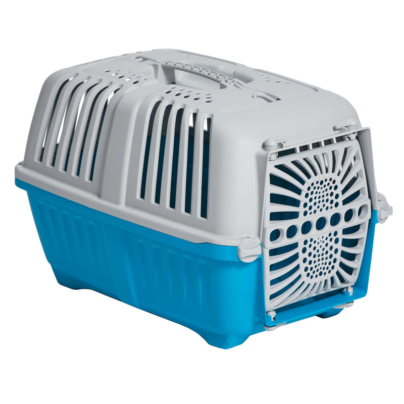 MidWest Homes for Pets Spree Travel Carrier - Hard-Sided Dog & Cat Carrier, Small Pet Travel Crate with Handle, Ventilated Design, Durable Plastic Door, Easy Assembly, 19-Inch, Blue