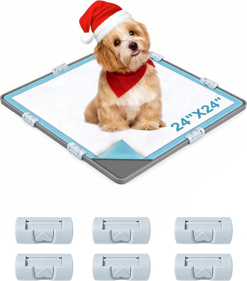 Dog Pee Pad Holder with 6 Clips, 24x24 Inch Silicone Puppy Pad Tray, Raised Edge Leak-Proof No Spill Mat for Dog Trainin