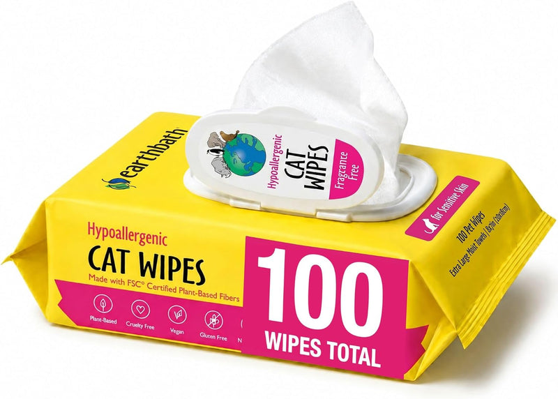 earthbath Hypoallergenic Grooming Cat Wipes, 100 Count (1 Pack)