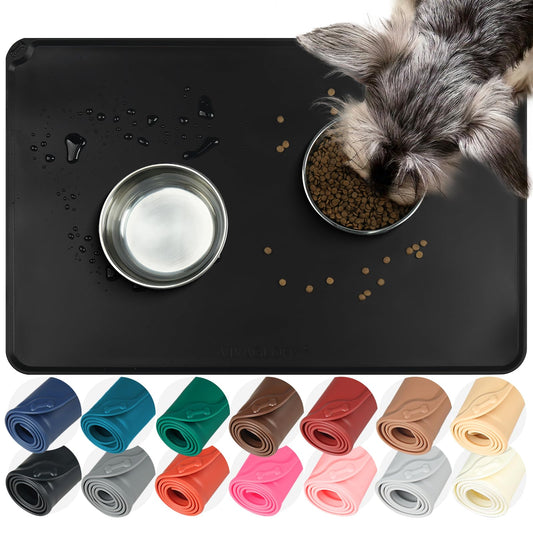 VIVAGLORY Dog Food Mat Flexmat Dog Bowl Mat, Placemat Food Tray with Raised Edges & Lip for Indoor Floor, Non Slip Waterproof Silicone Dish Placemat for Cat & Pet, S, Black