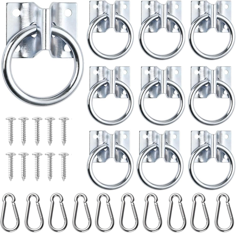 10 Pcs Cross Tie Ring Set, Horse Trailer Tie Ring with 10 Spring Snap Hook and 40 Screws, Tie Down Ring for Stall, Trail
