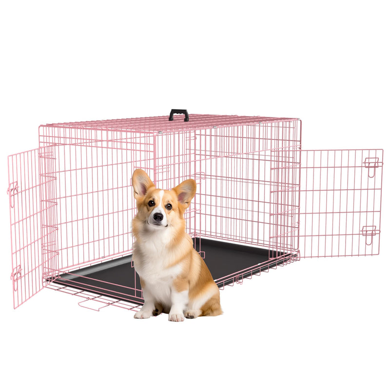 FDW 30 inch Dog Crate Dog Kennel Cage with Double Door Folding Metal Wire Dog Cage with Removable Tray&Divider Panel,Pet Crate for Medium Dogs,Pink