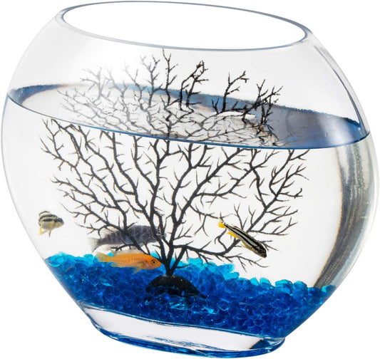 hygger Mini Glass Oblate Fish Bowl Kit, Small Fish Tank Comes with Blue Aquarium Decor Stones and Plastic Fan Branch Tre