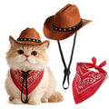 Pet Cowboy Costume, Dog Cowboy Hat with Bandana Scarf, Adjustable Cat Cowboy Hat for Party Cosplay Christmas, Halloween Cowboy Costumes for Small Pet Dogs Cats (Brown, Small)