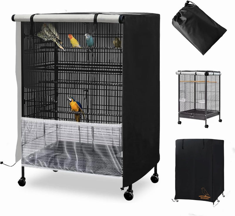 GeerDuo Bird Cage Cover, 600D Universal Parrot Cage Cover for Night, 100% Shading Oxford Cloth with Waterproof PU Coating Layer, Adjustable Soft Airy Nylon Mesh Net