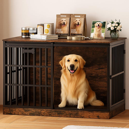 Petrova 47" Dog Crate Furniture for Large/Medium Dogs, Heavy Duty Dog Kennel Indoor with Name Tag, Wooden Dog Cage with Sliding Barn Door, Decorate House as TV Stand, End Table, Brown
