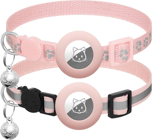 2 Pack Airtag Cat Collar Breakaway with Bell,Reflective Kitten Collar with Apple Airtag Cat Collar Holder,Adjustable 7-12In,Safety Buckle for Girl Boy Cats,Pet Supplies,Accessories,Gifts (Pink)