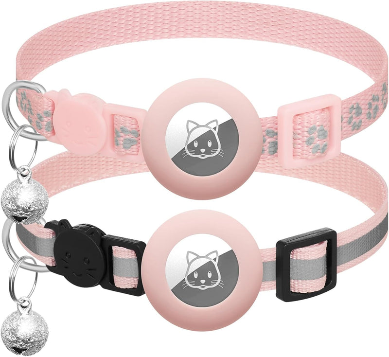 2 Pack Airtag Cat Collar Breakaway with Bell,Reflective Kitten Collar with Apple Airtag Cat Collar Holder,Adjustable 7-12In,Safety Buckle for Girl Boy Cats,Pet Supplies,Accessories,Gifts (Pink)