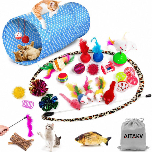 AILUKI 35 PCS Cat Toys Kitten Toys Assortments,Variety Catnip Toy Set Including 2 Way Tunnel,Cat Feather Teaser,Catnip Fish,Mice,Colorful Balls and Bells for Cat,Puppy,Kitty
