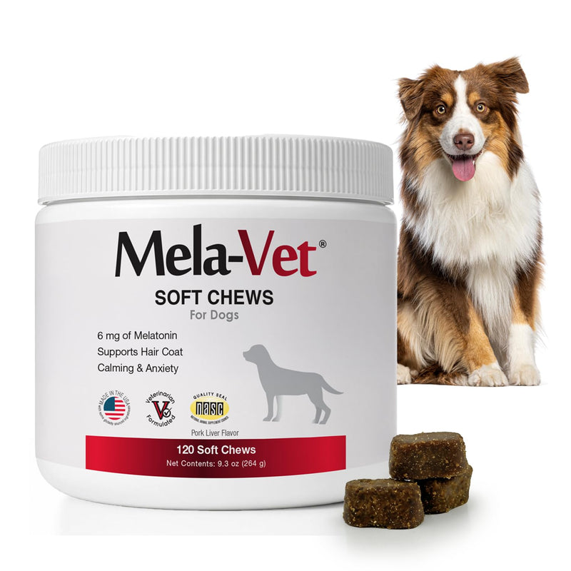 Mela-Vet Melatonin Calming Soft Chews for Dogs, Vet-Formulated to Provide Relaxation & Anxiety Relief, Helps Reduce Stress & Tension-Supports Healthier Skin & Coat.120 Tasty Soft Chews.