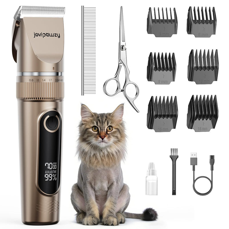 Jovipawzy Cat Clippers for Matted Long Hair, Quiet Cat Grooming Kit 2-Speed Cordless Rechargeable Shaver Hair Trimmer, Pet Clippers for Small & Large Dogs & Animals (Gold)