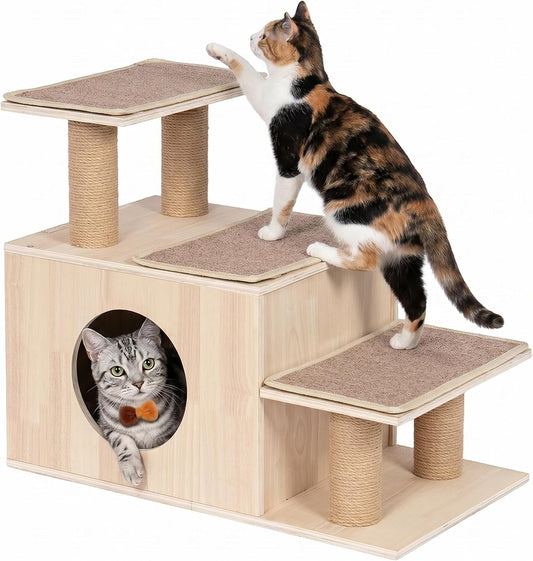 KinoTail 3-in-1 Pet Stairs for Cats, 7.87" Depth Pet Steps for Cat, Wood Cat Stairs for High Bed and Sofa, 1 Condo Cave, Scratching Post, Sturdy Indoor Pet Stairs with Non-Slip Carpet Pads