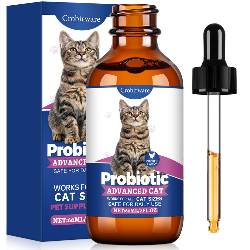 Crobirware Liquid Probiotics for Cats with Prebiotics & Collagen, Digestive Health Supplement for Constipation, Diarrhea Relief & Immune Support, Skin and Coat Stool Softener, Chicken Flavor, 2 fl oz