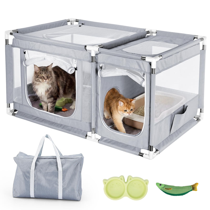 2-in-1 Cat Playpen with Litter Box Area, Keaber Indoor Pet Tent for Kittens Puppies with Waterproof Mat, Dog Enclosure for Adaptation, Training, Recovery & Travel (Light Grey, with Carrying Case)